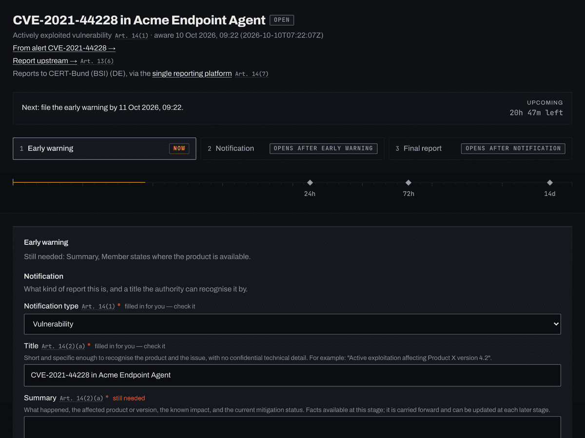 A demo case page with its early-warning deadline and three report stages.