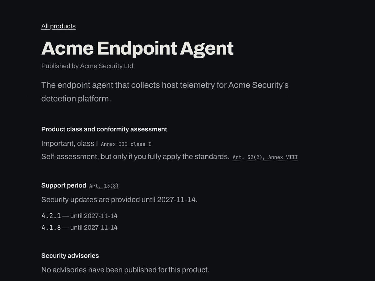 The public Trust Center page for Acme Endpoint Agent, published by Acme Security Ltd: its product class and conformity route, security updates until 2027-11-14 for versions 4.2.1 and 4.1.8, and its security advisories.